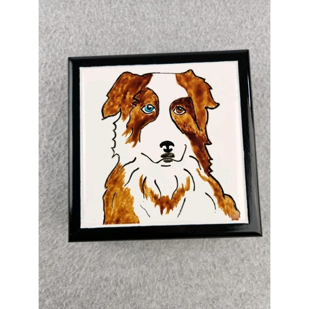 Hand Painted Dog Wooden Box Australian Shepherd Border Collie Trinket Case Art